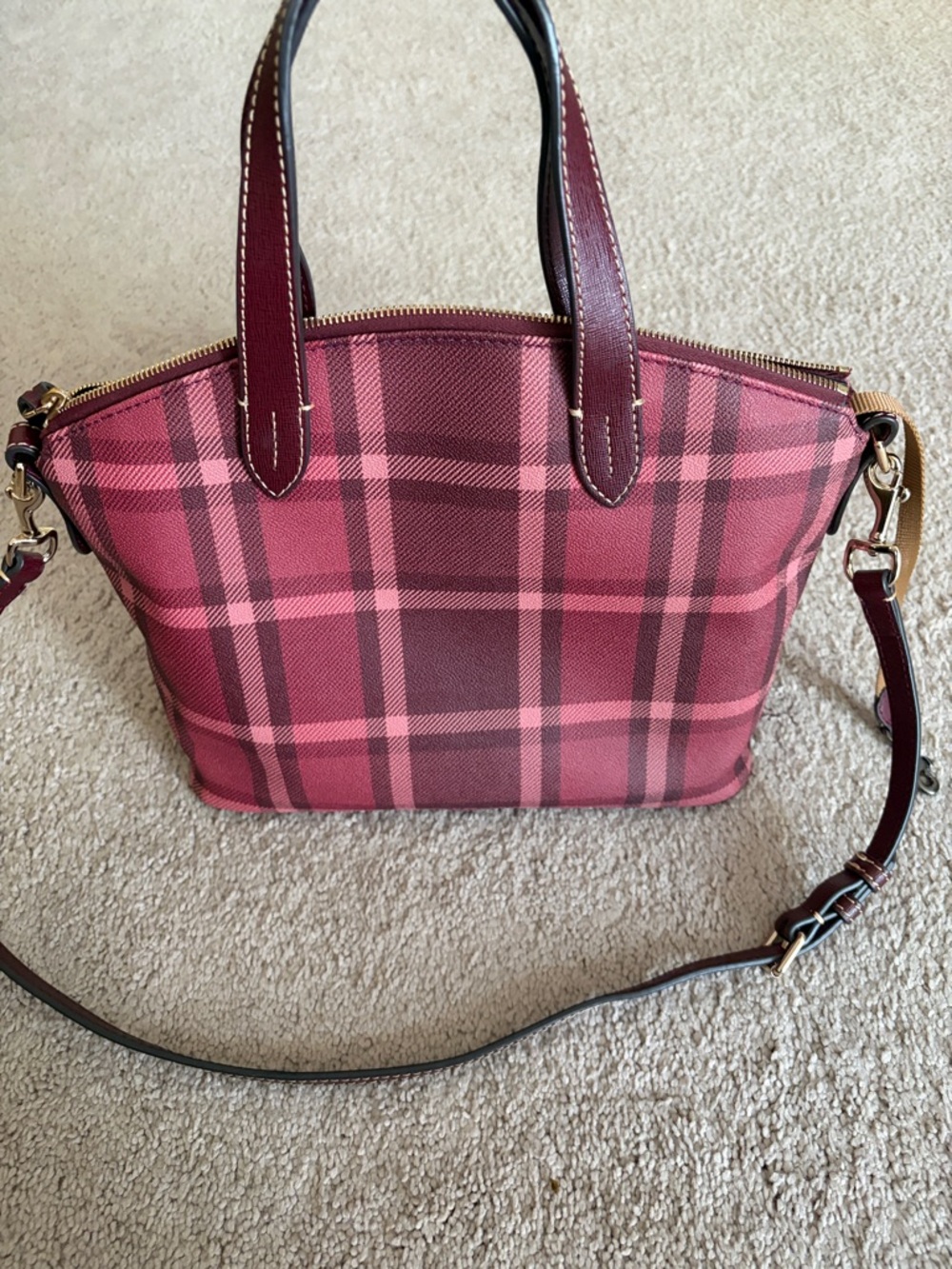 Dooney & Bourke Pink Plaid Satchel with Burgundy Trim - Picture 5 of 7